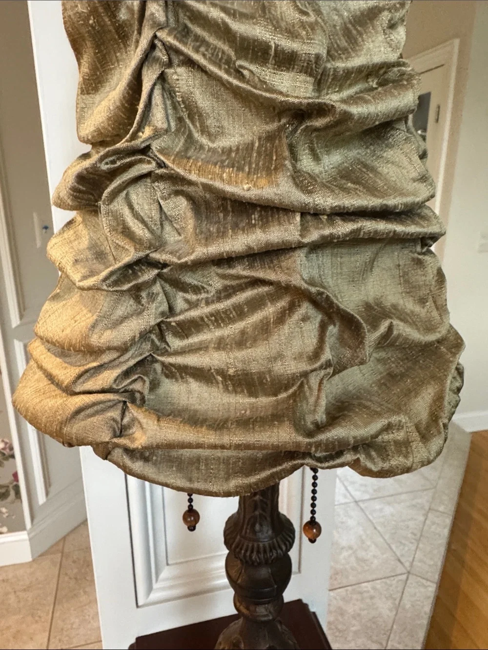Vintage-Inspired Bronze Table Lamp with Ruched khaki green silk Shade